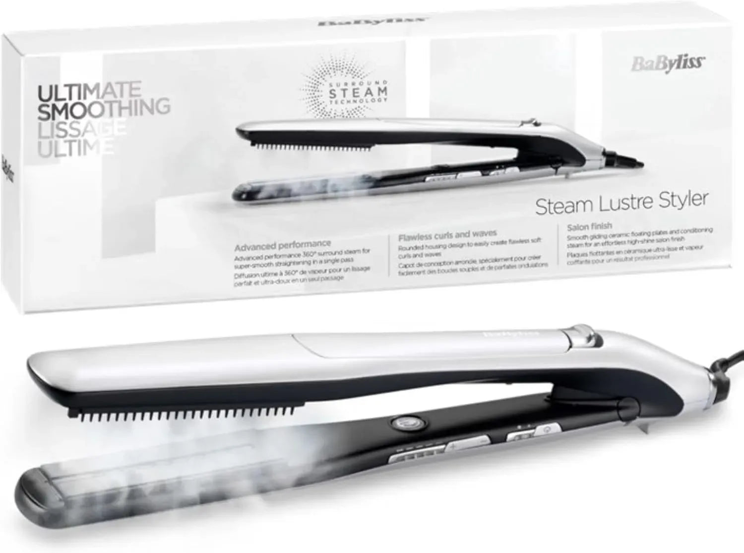 BaByliss Lisseur Vapeur avec Technologie Céramique Avancée, 5 Températures 170-210°C, Peigne Intégré, Protection Cheveux, Modèle ST595E