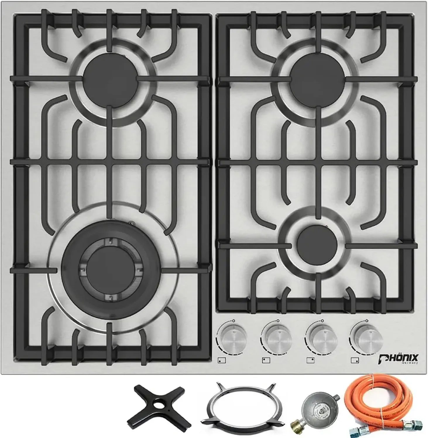 Plaque de Cuisson à Gaz Encastrable Phönix PS-604L en Acier Inoxydable, 4 Feux pour Propane et Gaz Naturel, Inclus: Régulateur, Embout Fonte, Croix