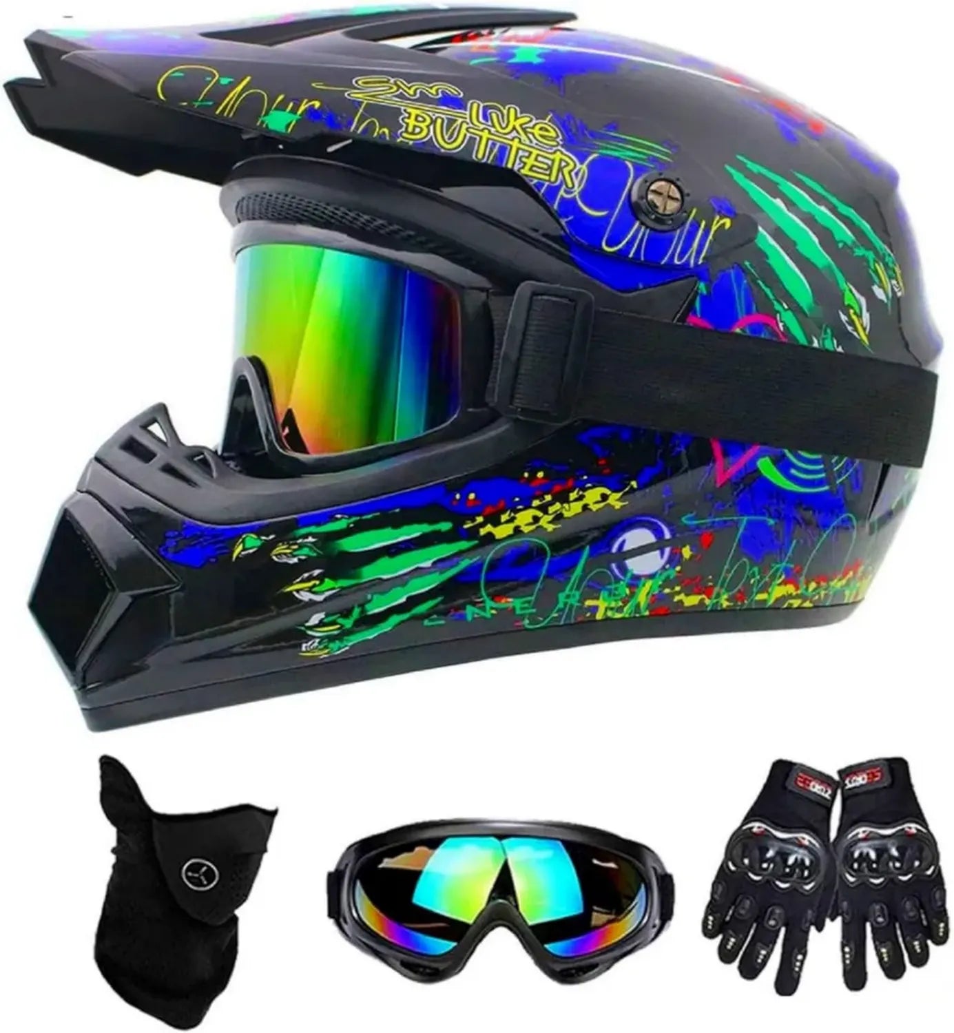 Casque Moto Cross Enfant et Adulte, Équipement Complet avec Gants, Lunettes et Masque, Certifié DOT pour VTT et Vélo Tout-Terrain