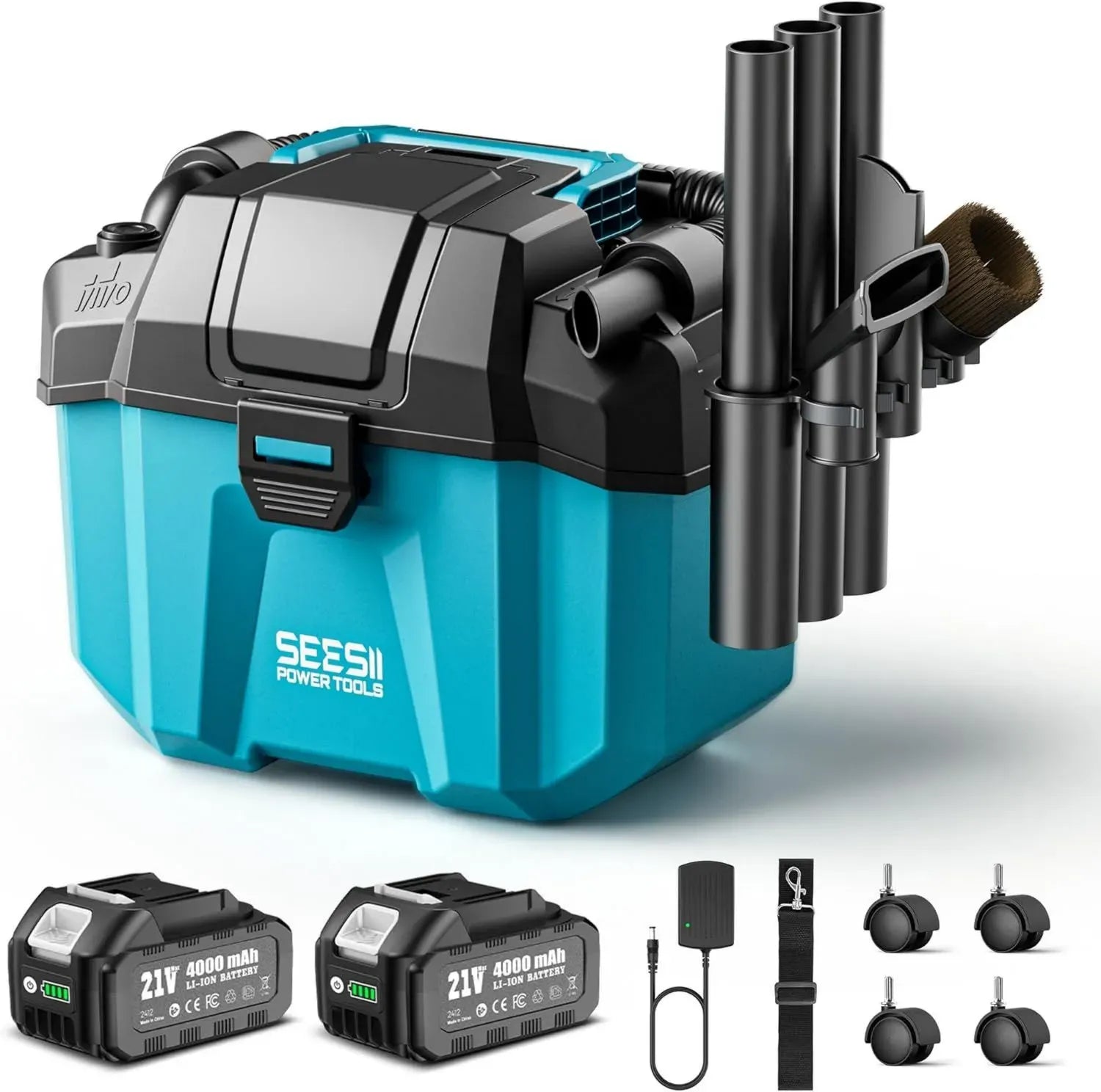 Seesii Aspirateur Sans Fil 10L, 8000 mAh, Multifonctions Eau et Poussière, Sangles, Roues et Accessoires Inclus, Parfait pour Atelier, Chantier, Voiture