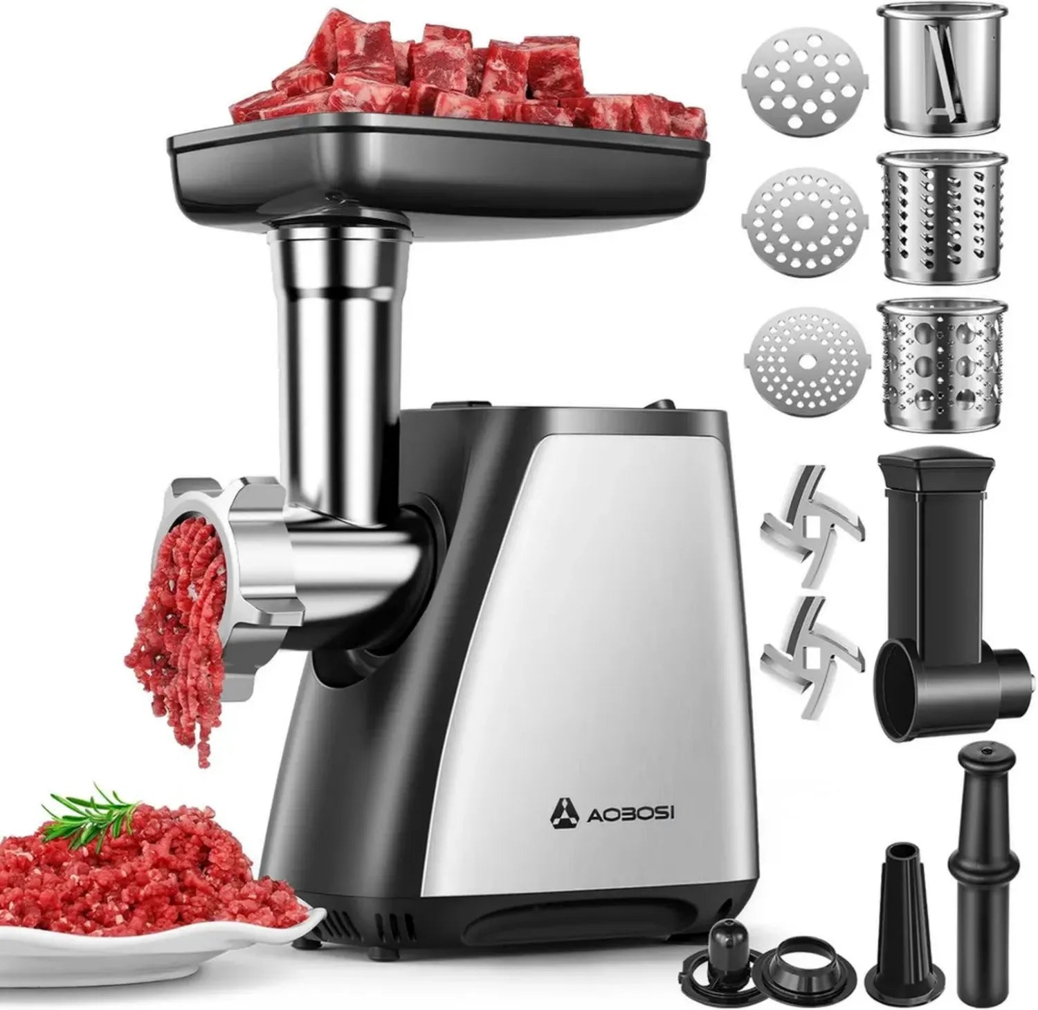 Hachoir à Viande Électrique AAOBOSI 4-en-1 2800W avec Accessoires Complets en Acier Inoxydable