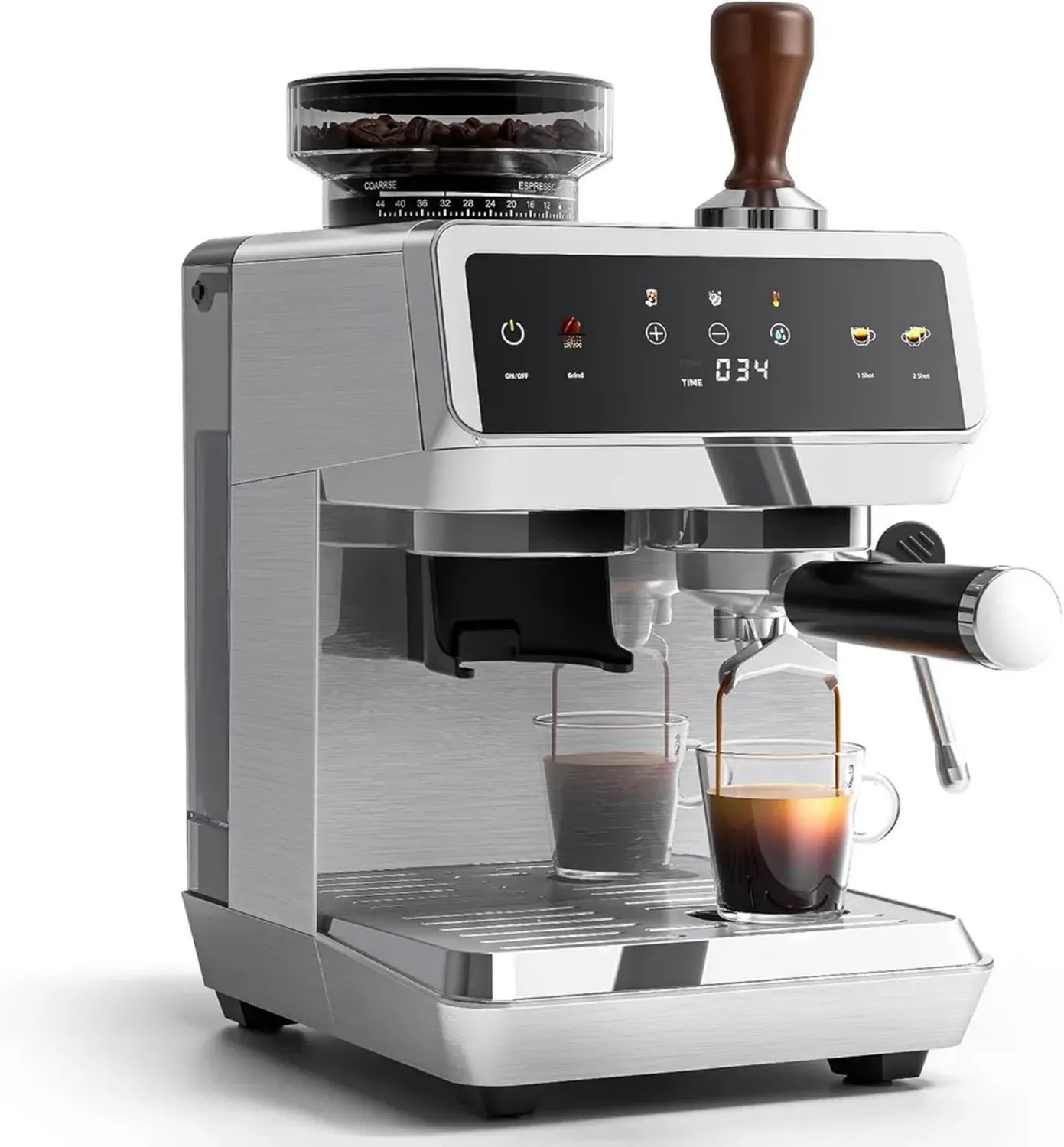 Machine à café expresso avec broyeur intégré 20 bars, 44 réglages de mouture, buse vapeur, acier inoxydable