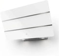 Hotte murale design 80 cm, verre blanc et inox, 4 vitesses, booster, aspiration périphérique, filtres aluminium et charbon, éclairage LED, classe énergétique A