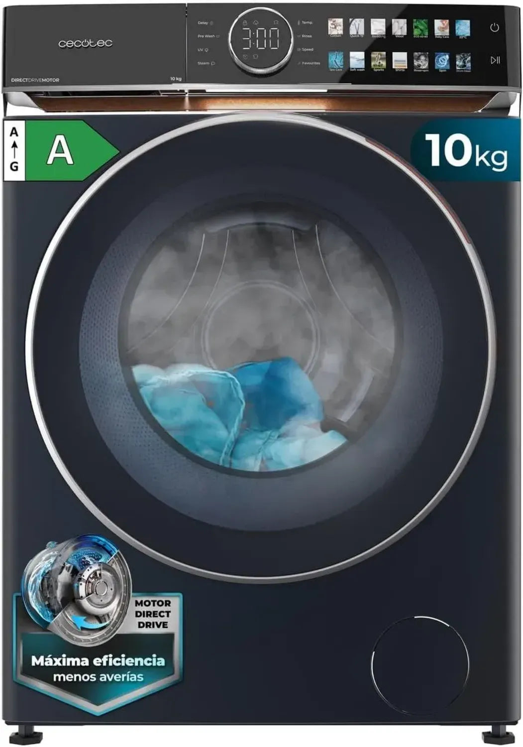 Cecotec Lave-linge 10Kg Frontale DressCode 10980, Moteur Direct, Économie d'énergie, Écran Couleur, Design Élégant, Porte Large, Technologie UV et Vapeur