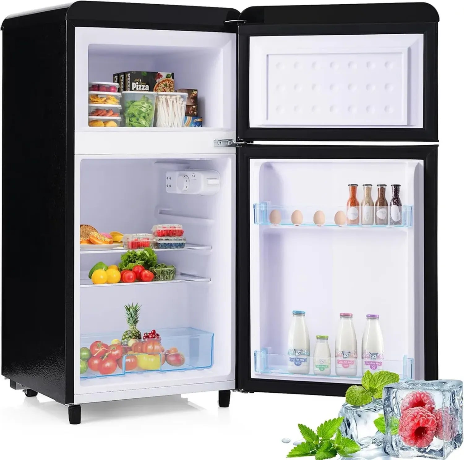 Réfrigérateur rétro double porte Merax 72L avec congélateur 21L, éclairage LED, 120 kWh/an - Noir