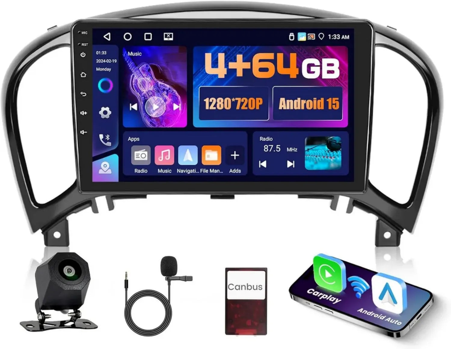 Autoradio Android 9 Pouces IPS avec Carplay Sans Fil pour Nissan Juke et Infiniti ESQ